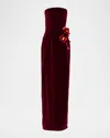 Oscar De La Renta Strapless Flower Embroidered Velvet Gown In Red