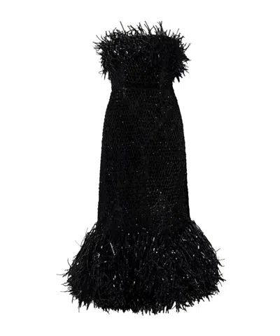 Oscar De La Renta Strapless Fringed Sequined Tulle Gown In Black