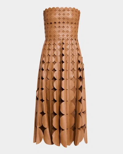 Oscar De La Renta Strapless Geo Cutout Leather Midi Dress In Brown