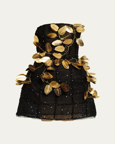Oscar De La Renta Strapless Golden-leaf Sequined Mini Dress In Multi