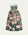 Oscar De La Renta Strapless Painted Bellflower Faille Gown In Pink/green
