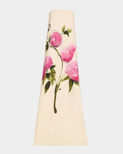 OSCAR DE LA RENTA STRAPLESS PAINTED ROSES WOOL GOWN