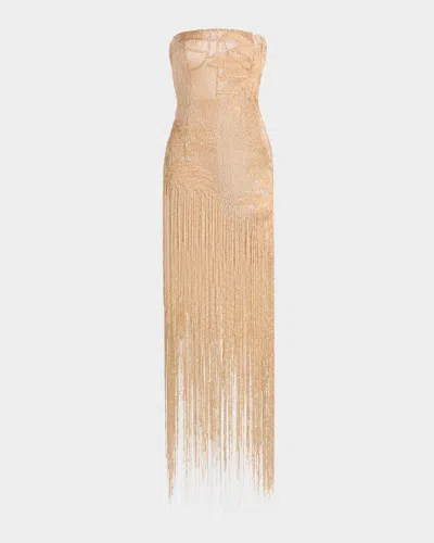 Oscar De La Renta Strapless Palm Raffia Embroidered Fringe Gown In Multi