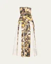 Oscar De La Renta Strapless Pleated Butterfly Poplin Ankle Dress With Belt In Multi