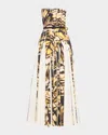 Oscar De La Renta Strapless Pleated Butterfly Poplin Ankle Dress With Belt