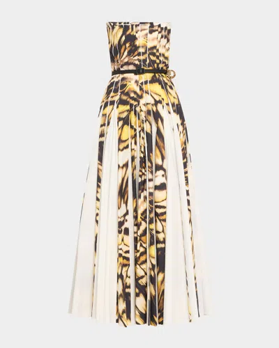 OSCAR DE LA RENTA STRAPLESS PLEATED BUTTERFLY POPLIN ANKLE DRESS WITH BELT
