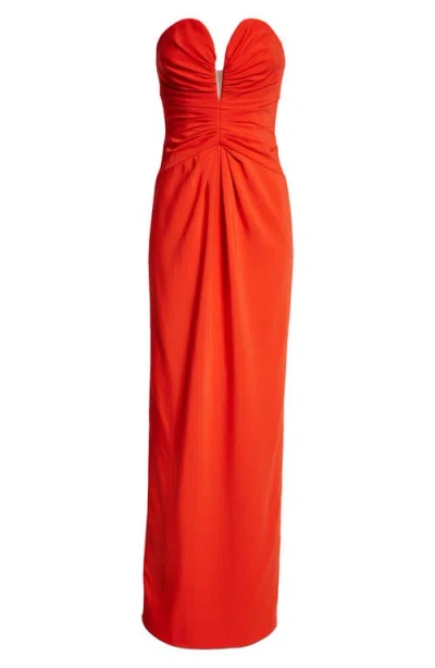 Oscar De La Renta Strapless Plunge Neck Gown In Vermilion