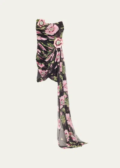 Oscar De La Renta Strapless Poppies Silk Chiffon Draped Mini Dress In Navy Pink