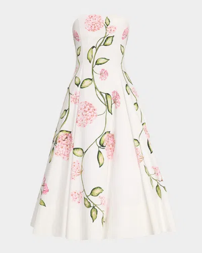 Oscar De La Renta Strapless Porcelain Flowers Cotton Poplin Midi Dress In Multi