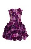 Oscar De La Renta Strapless Satin Orchid Embroidered Cocktail Dress In Purple
