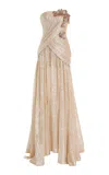 Oscar De La Renta Strapless Satin Orchid Embroidered Lame Mousseline Gown In Blush
