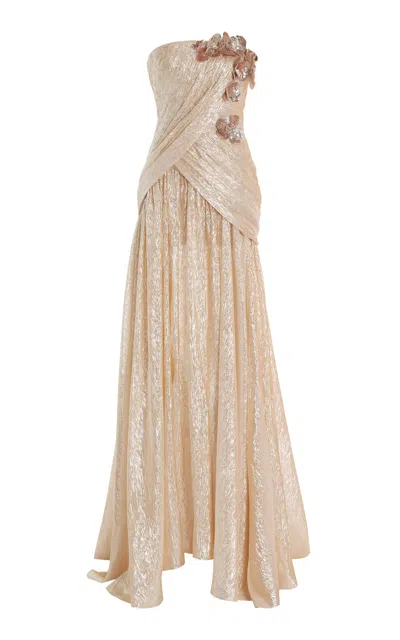 Oscar De La Renta Strapless Satin Orchid Embroidered Lame Mousseline Gown In Blush