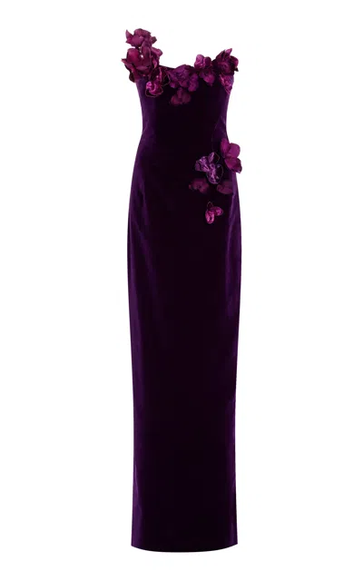 Oscar De La Renta Strapless Satin Orchid Embroidered Velvet Gown In Plum
