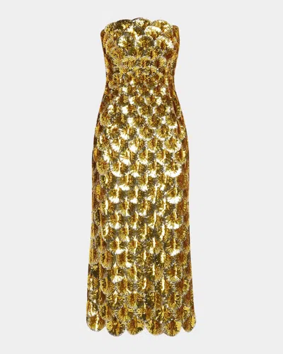Oscar De La Renta Strapless Scallop Sequined Midi Cocktail Dress In Yellow