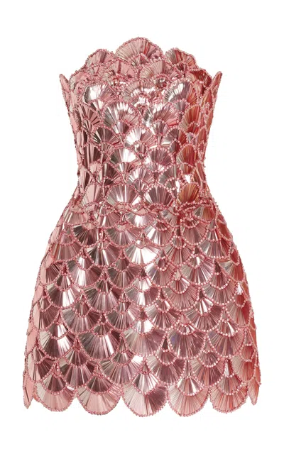 Oscar De La Renta Strapless Sequin Scallop Cocktail Dress In 粉色