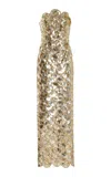 Oscar De La Renta Strapless Sequin Scallop Embroidered Column Gown In Gold
