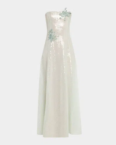 Oscar De La Renta Strapless Sequined Flower Gown In White