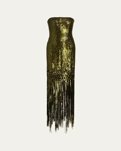 Oscar De La Renta Strapless Sequined Fringe Maxi Dress In Multi