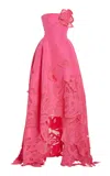 Oscar De La Renta Strapless Threadwork Cut Out Roses Hi Low Gown In Fuchsia