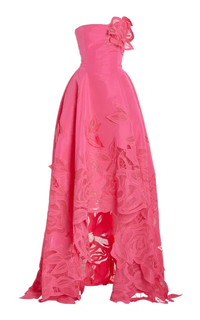 Oscar De La Renta Strapless Threadwork Cut Out Roses Hi Low Gown In Fuchsia