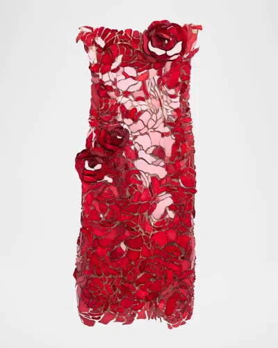 Oscar De La Renta Strapless Tulle Embroidered Cocktail Dress In Red