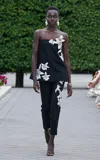 Oscar De La Renta Strapless Watercolor Bugle Bead Orchid Blouse In Black