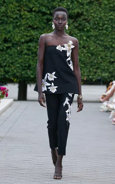 Oscar De La Renta Strapless Watercolor Bugle Bead Orchid Blouse In Black