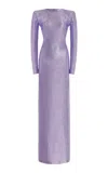 Oscar De La Renta Metallic Stretch Lame Strong-shoulder Gown In Purple