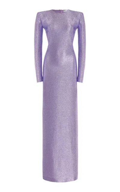 Oscar De La Renta Metallic Stretch Lame Strong-shoulder Gown In Lavender