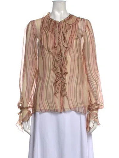 Pre-owned Oscar De La Renta Striped Tie Neck Blouse In Neutral