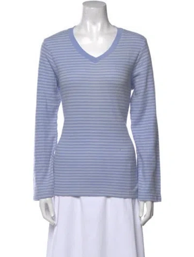 Pre-owned Oscar De La Renta Striped V-neck Sweater In Blue
