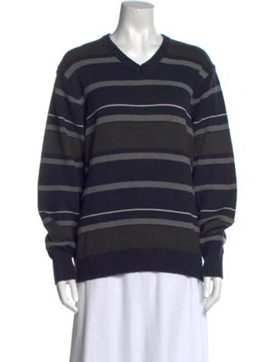 Pre-owned Oscar De La Renta Striped V-neck Sweater In Blue