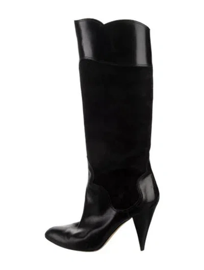 Pre-owned Oscar De La Renta Suede Leather Trim Embellishment Boots In Black