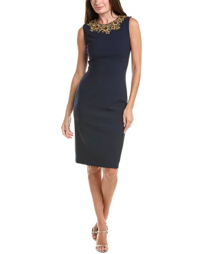 Oscar De La Renta Sunflower Crystal-embellished Silk-lined Wool-blend Sheath Dress In Blue