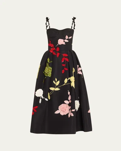 Oscar De La Renta Sweetheart Rose Embroidered Faille Midi Cocktail Dress In Black Multi