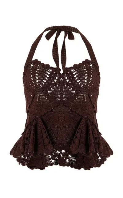 Oscar De La Renta Sweetheart Shell Crochet Knit Tank In Brown