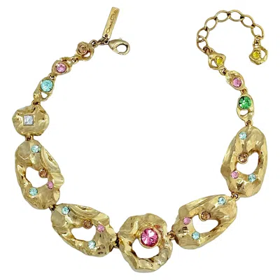 Pre-owned Oscar De La Renta Textured Metal And Crystal Hammered Collar Necklace 16" Long In Multi