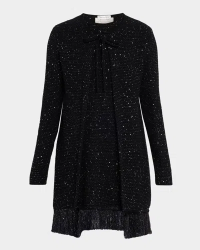 OSCAR DE LA RENTA TEXTURED PAILLETTE TWEED FRINGE JACKET