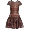 Oscar De La Renta Short-sleeve Drop-waist Plaid Dress In Brown