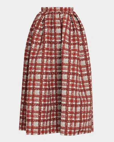 OSCAR DE LA RENTA TEXTURED PLAID-PRINT PLEATED MIDI CIRCLE SKIRT