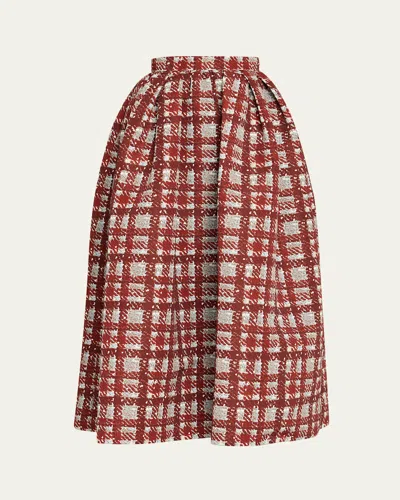 OSCAR DE LA RENTA TEXTURED PLAID-PRINT PLEATED MIDI CIRCLE SKIRT