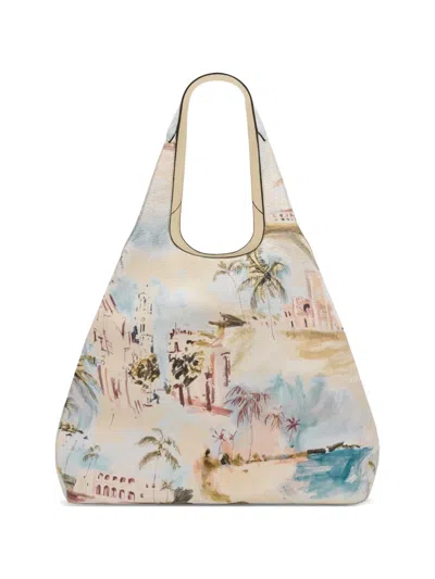 Oscar De La Renta The Topaz Landscape-print Pebbled-leather Tote Bag In Neutral