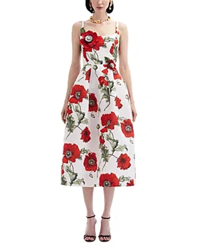 Oscar De La Renta Threadwork Embroidered Poppies Faille Dress In White/red