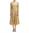 Oscar De La Renta Three Quarter Foiled Rose Guipure Dress In Gold In Brown