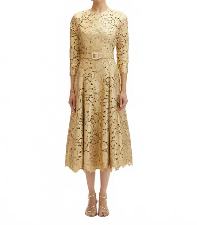 Oscar De La Renta Three Quarter Foiled Rose Guipure Dress In Gold In Brown