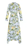 Oscar De La Renta Tie-detailed Printed Cotton Poplin Midi Dress In Light Blue