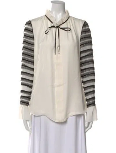 Pre-owned Oscar De La Renta Tie Neck Long Sleeve Blouse In Neutral