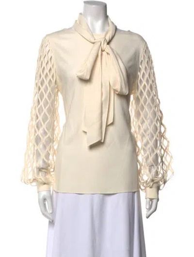 Pre-owned Oscar De La Renta Tie Neck Long Sleeve Blouse In Neutrals