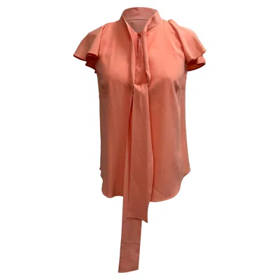 Oscar De La Renta Tie Neck Short Sleeve Blouse In Coral Silk In Pink