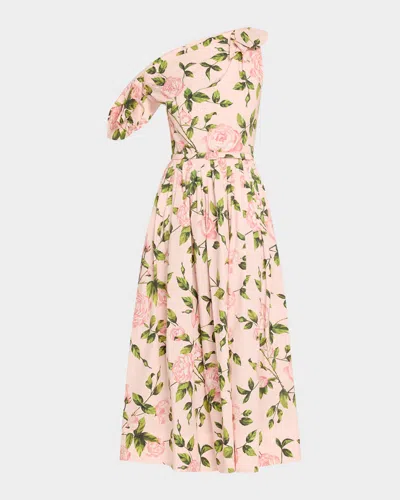 OSCAR DE LA RENTA TIE OFF-THE-SHOULDER ENGLISH ROSES POPLIN MIDI DRESS